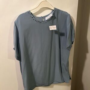 Light Blue Short Sleeve Woven Blouse with Braided Neckline